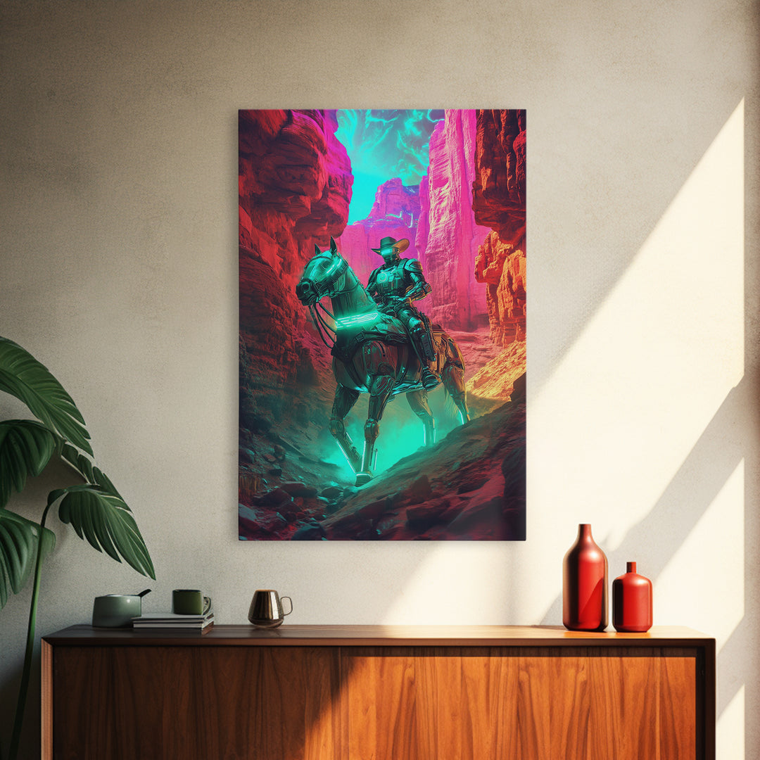 Neon Robot Cowboy In Red Desert Canyon Canvas Print, Cyberpunk Western Wall Decor, Futuristic Sci Fi Gaming Room Wall Decor