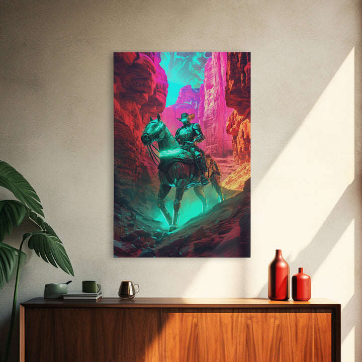Neon Robot Cowboy In Red Desert Canyon Canvas Print, Cyberpunk Western Wall Decor, Futuristic Sci Fi Gaming Room Wall Decor