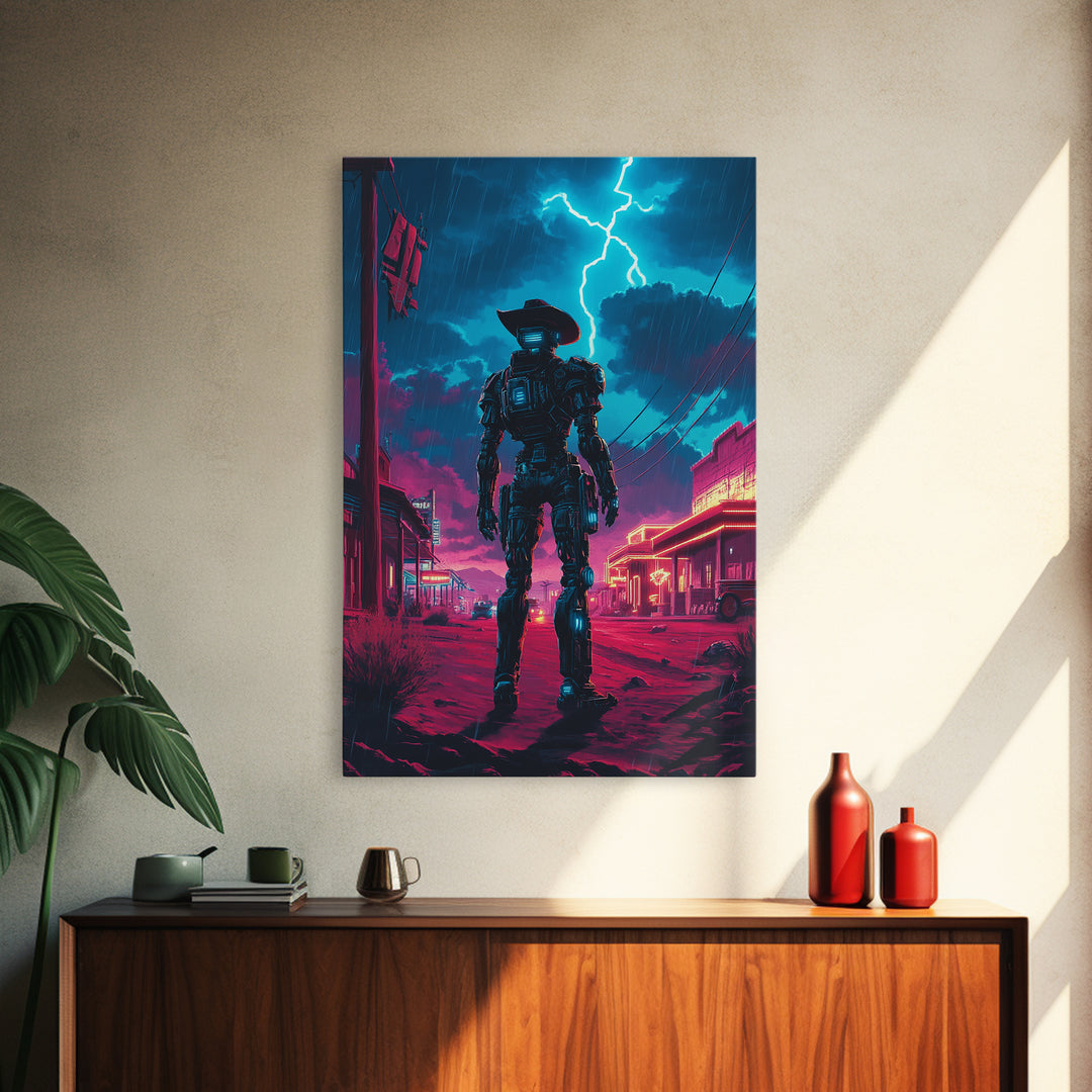 Robot Cowboy In Neon Storm Western Town Wall Art, Cyberpunk Sci Fi Poster, Futuristic Gaming Room Decor, Man Cave Gift For Him
