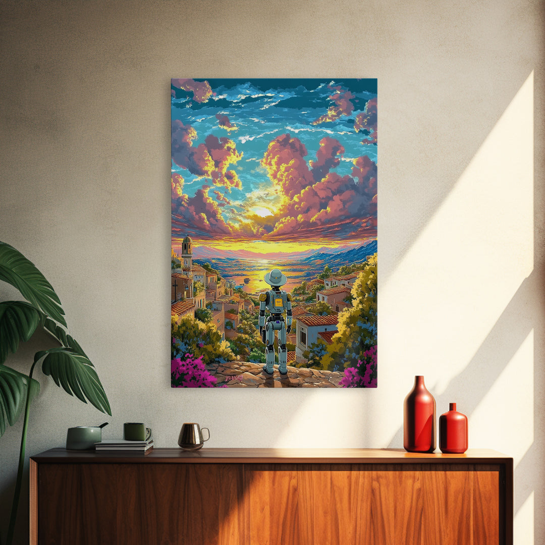Robot Traveler Above Coastal Village Sunset Framed Canvas Print, Mediterranean Wall Art, Modern Landscape Decor, Living Room Art