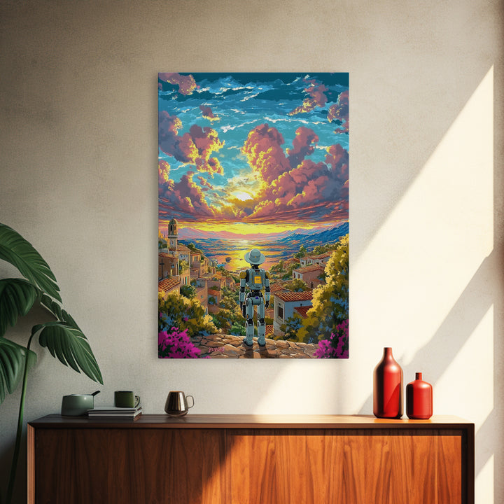 Robot Traveler Above Coastal Village Sunset Framed Canvas Print, Mediterranean Wall Art, Modern Landscape Decor, Living Room Art