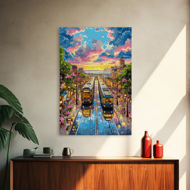 Colorful Tram Street At Sunset Canvas Print, Urban Landscape Wall Art, City Travel Poster, Eclectic Living Room Home Decor