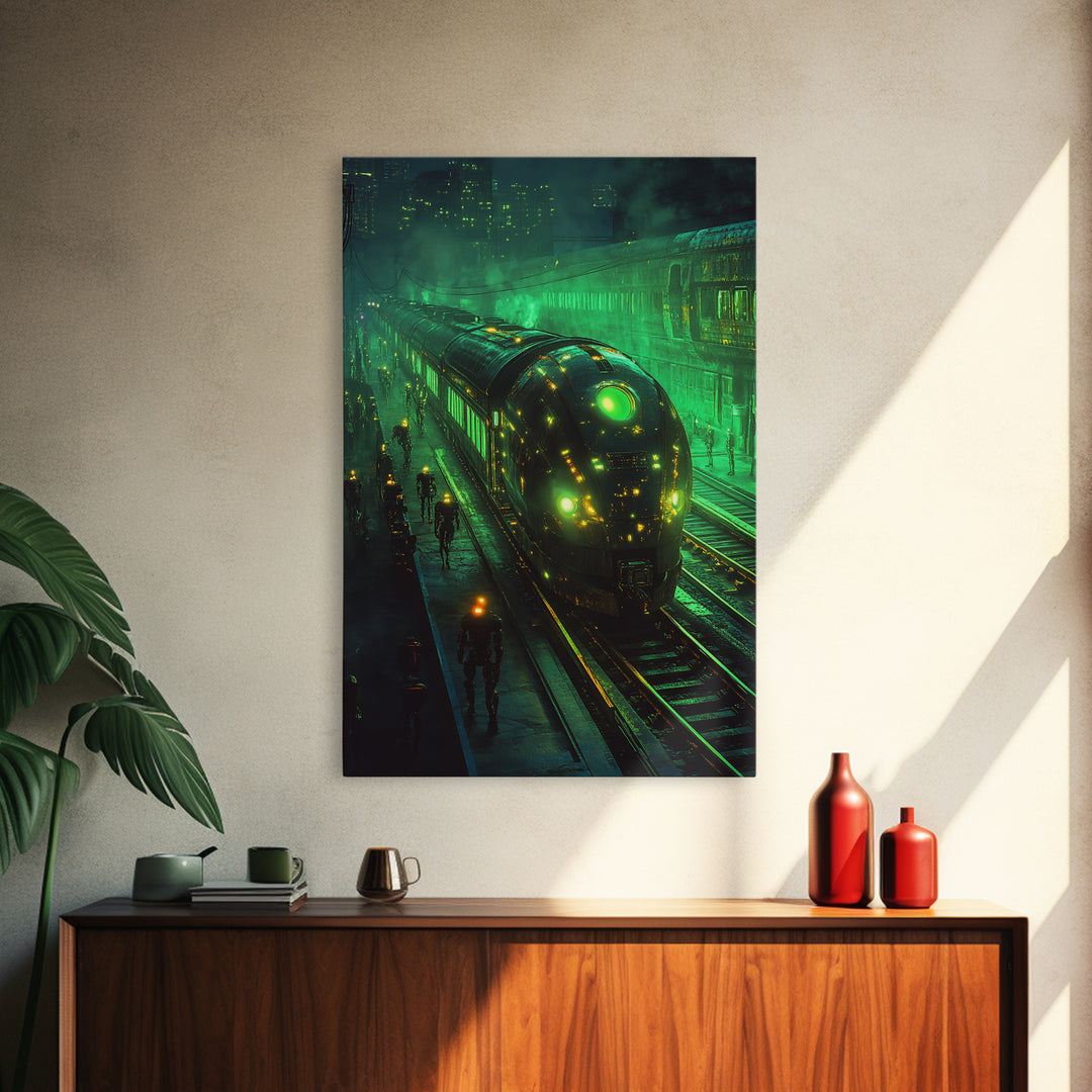 Glowing Green Futuristic Train Station Wall Art, Cyberpunk Railway Canvas, Dark Sci Fi Cityscape Office Decor, Gaming Room Art