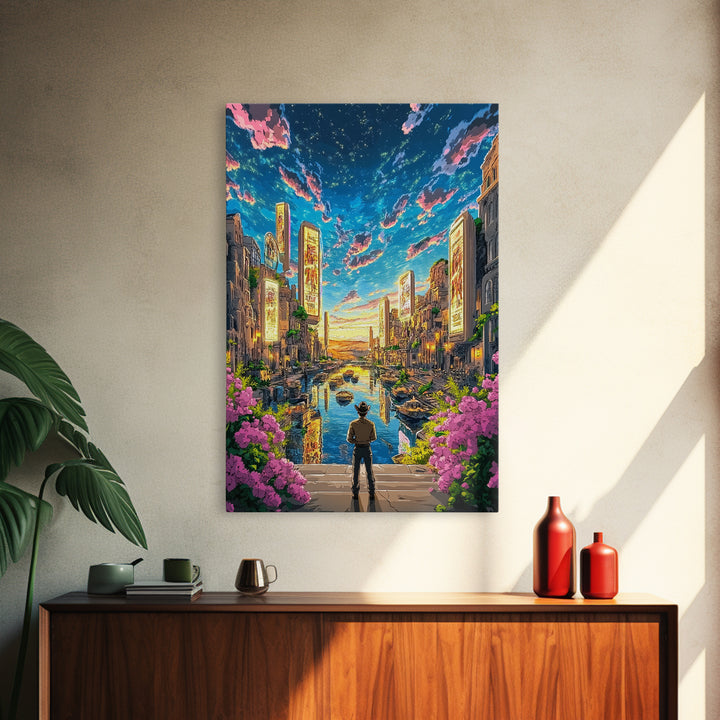 Cowboy Overlooking Neon Canal City At Dusk Wall Art, Futuristic Western Travel Poster, Colorful Urban Home Decor, Living Room Art