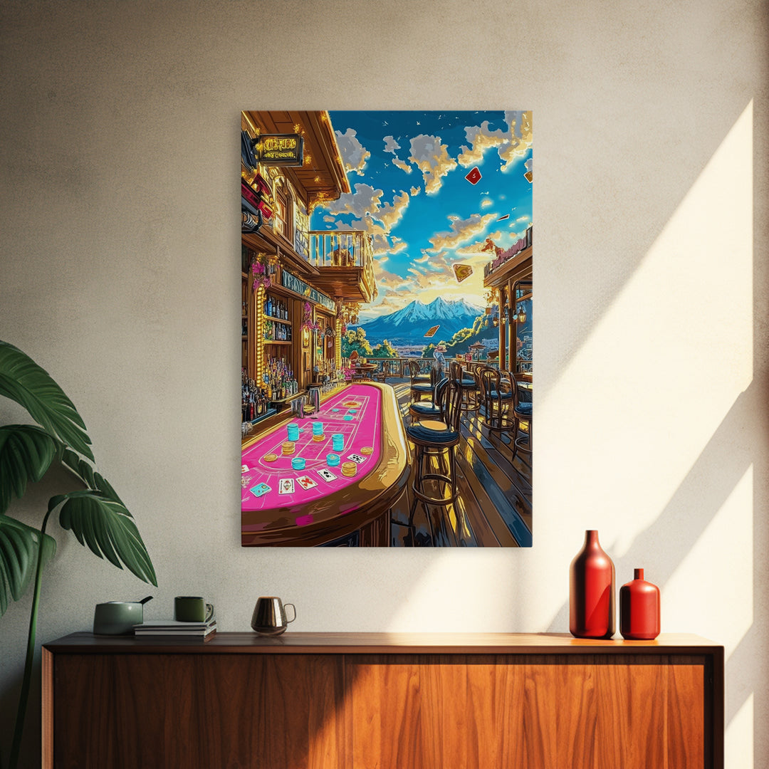 Mountain Casino Bar With Poker Table Canvas Print, Game Room Wall Art, Speakeasy Decor, Home Bar Decor, Man Cave Gift For Him