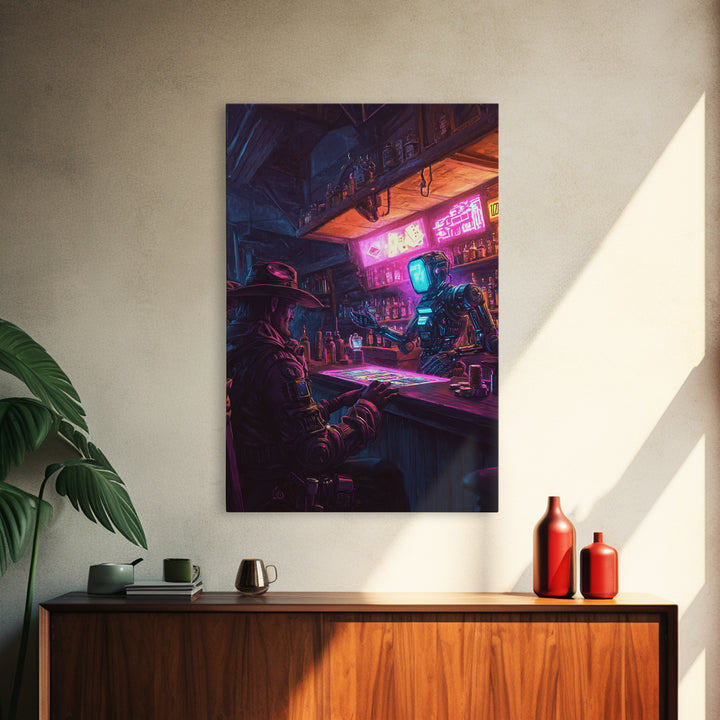 Neon Robot Bartender And Cyber Cowboy Saloon Wall Art, Futuristic Western Canvas Print, Sci Fi Bar Decor, Man Cave Gift Idea