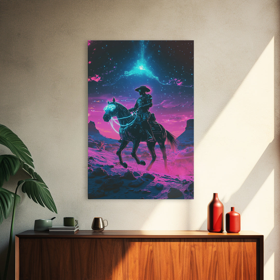 Neon Cosmic Cowboy On Glowing Horse Wall Art, Futuristic Western Desert Canvas Print, Sci Fi Space Decor For Gamers Gift