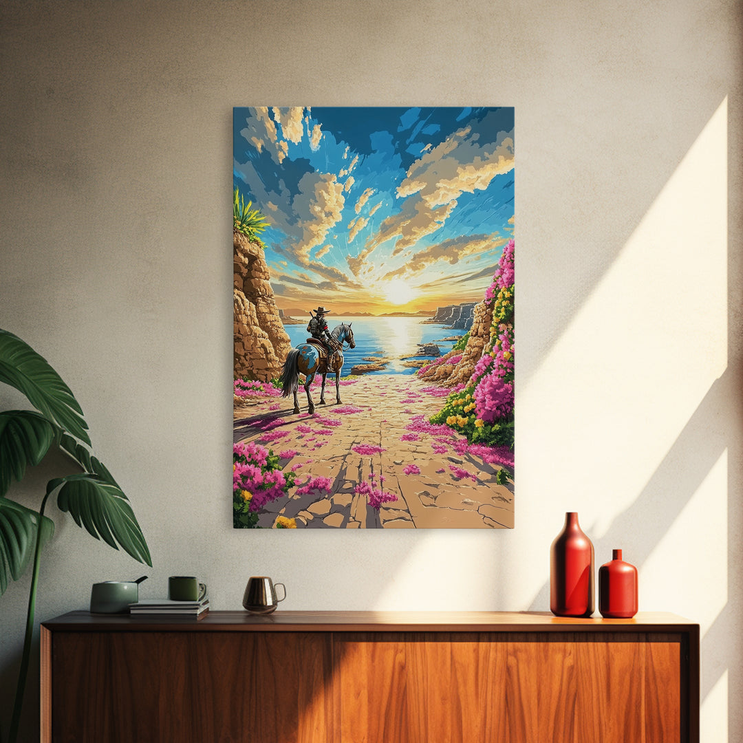 Western Rider On Coastal Flower Path Wall Art, Sunset Seascape Landscape Framed Canvas Print, Beach House Decor Gift Idea