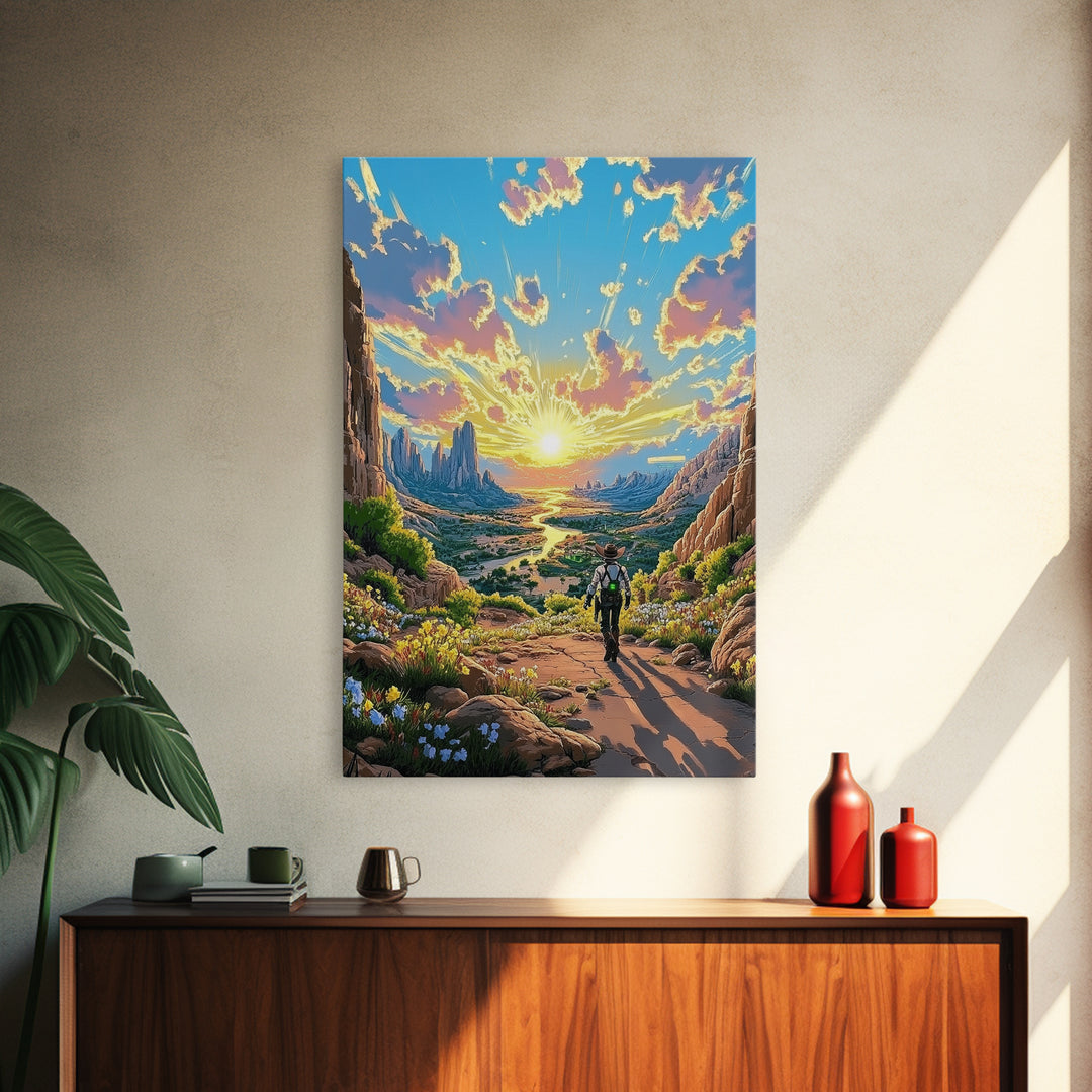 Lone Cowboy Walking Through Blooming Canyon Wall Art, Western Desert Landscape Canvas Print, Southwest Home Decor Gift For Him