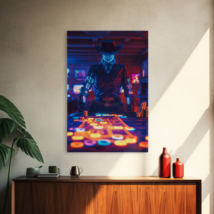 Glowing Robot Cowboy At Neon Poker Table Wall Art, Futuristic Casino Canvas Print, Gaming Room Man Cave Decor Gift For Him