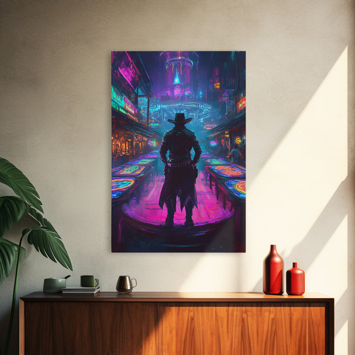 Cyber Cowboy In Neon Futuristic City Wall Art, Dystopian Western Street Canvas Print, Sci Fi Gaming Room Decor Gift For Him