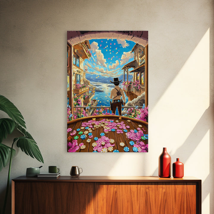 Cowboy Overlooking Coastal Village And Poker Coins Wall Art, Whimsical Western Canvas Print, Beach House Decor Gift For Her