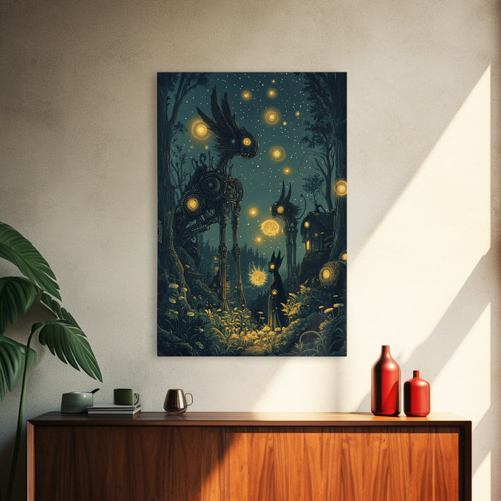Glowing Mechanical Forest Creatures Wall Art, Dark Fantasy Art, Whimsical Animal Art, Celestial Decor, Unique Home Decor