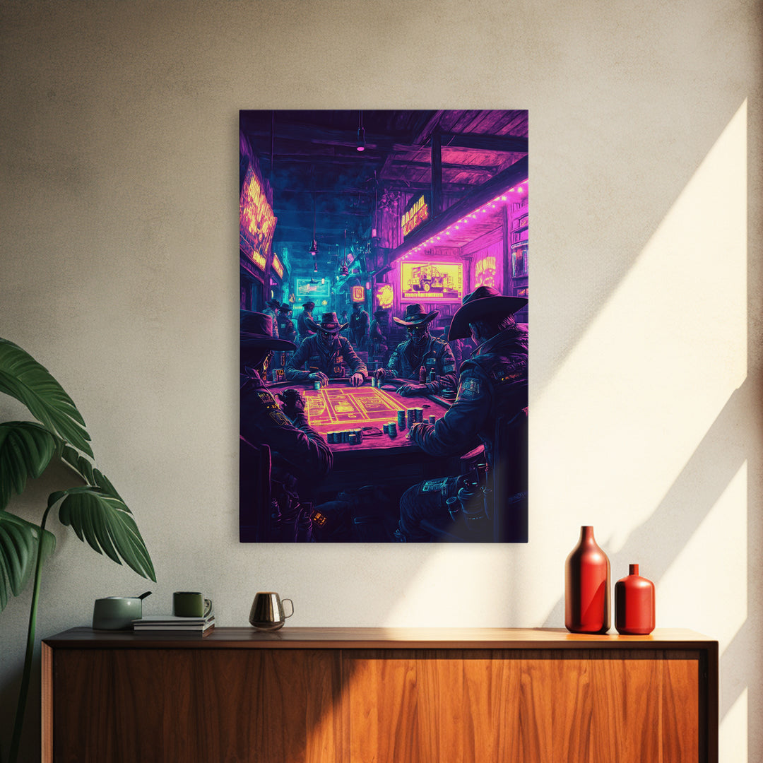 Neon Cyberpunk Cowboy Poker Wall Art, Futuristic Western Decor, Gaming Room Art, Man Cave Decor, Sci Fi Canvas Print, Gift For Him