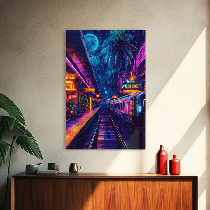 Neon Tropical Cyberpunk Train Wall Art, Futuristic Cityscape Art, Vaporwave Decor, Gaming Room Art, Large Sci Fi Canvas Print
