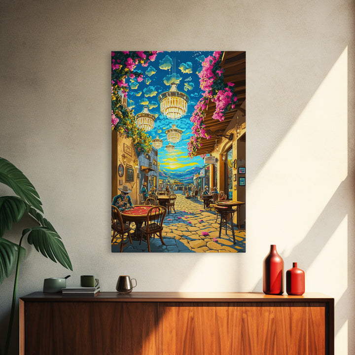 Chandelier Lit Mediterranean Cafe Wall Art, Colorful Travel Poster, Coastal Decor, Dining Room Print, Framed Canvas Print