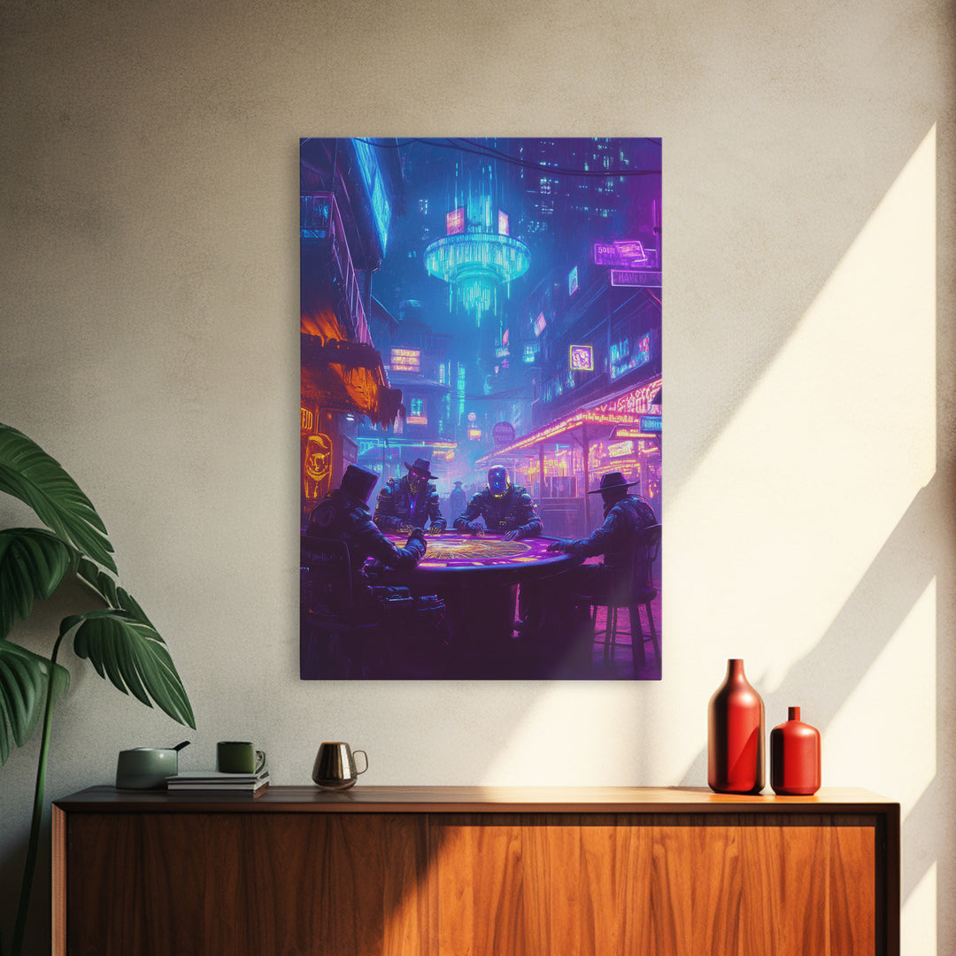 Cyberpunk Poker Table Under Neon Wall Art, Futuristic City Decor, Sci Fi Poster, Gaming Room Art, Man Cave Decor, Large Canvas Print