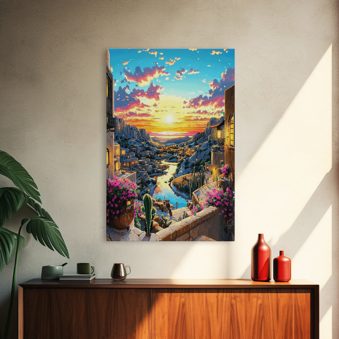 Sunset Canyon Village And River Wall Art, Mediterranean Landscape Print, Coastal Home Decor, Colorful Art, Large Canvas Print