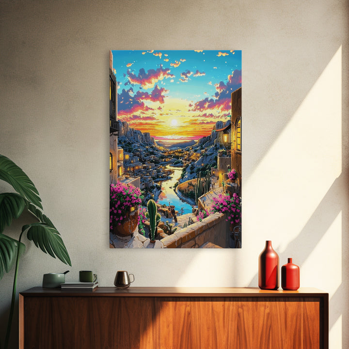 Sunset Canyon Village And River Wall Art, Mediterranean Landscape Print, Coastal Home Decor, Colorful Art, Large Canvas Print