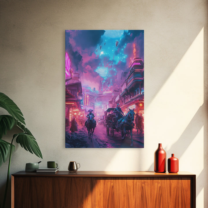 Neon Cyberpunk Horseback City Under Cosmic Sky Wall Art, Futuristic Sci Fi Poster, Gaming Room Decor, Vaporwave Home Decor