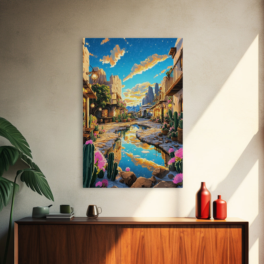 Sunlit Desert Village Street With Cactus And Mountains Canvas Print, Southwestern Wall Art, Boho Home Decor, Travel Poster