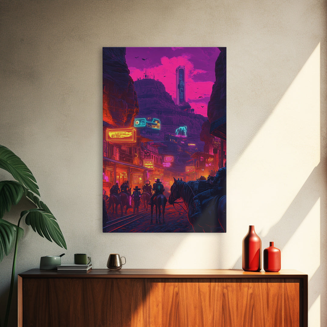 Neon Western Canyon Town With Cowboys Framed Canvas Print, Cyberpunk Wall Art, Futuristic Decor, Gaming Room Poster, Sci Fi Home Decor