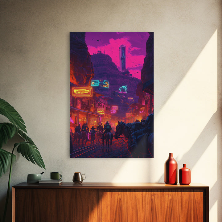 Neon Western Canyon Town With Cowboys Framed Canvas Print, Cyberpunk Wall Art, Futuristic Decor, Gaming Room Poster, Sci Fi Home Decor