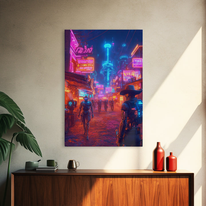 Neon Cyberpunk Cowboy And Robot City Canvas Print, Futuristic Wall Art, Sci Fi Poster, Gaming Room Decor, Vaporwave Gift
