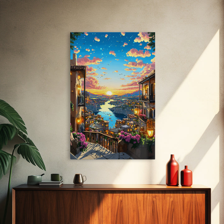 Romantic Sunset River City Balcony With Flowers Wall Art, Mediterranean Travel Poster, Coastal Home Decor, Colorful Art Print