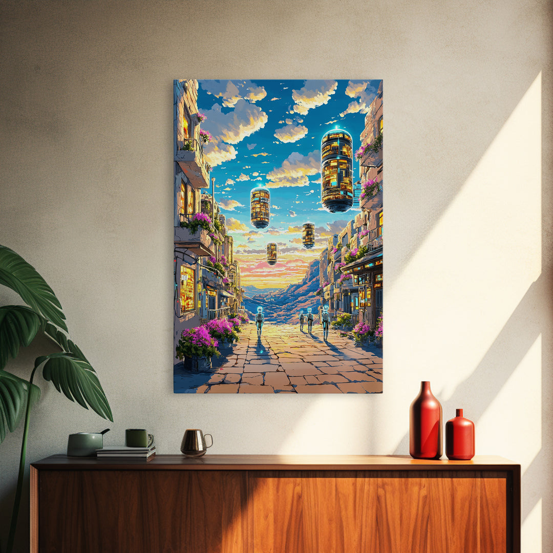 Floating Futuristic City Street With Sky Pods Canvas Print, Sci Fi Wall Art, Cyberpunk Decor, Modern Travel Poster Gift For Him
