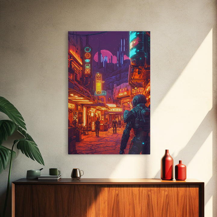 Neon Spaceport Street With Astronaut And Moon Wall Art, Cyberpunk Sci Fi Poster, Gaming Room Decor, Futuristic Canvas Art