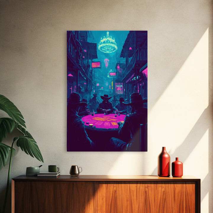 Neon Cyberpunk Poker Game With Cowboys Framed Canvas Print, Western Wall Art, Man Cave Decor, Gaming Room Poster Gift For Him