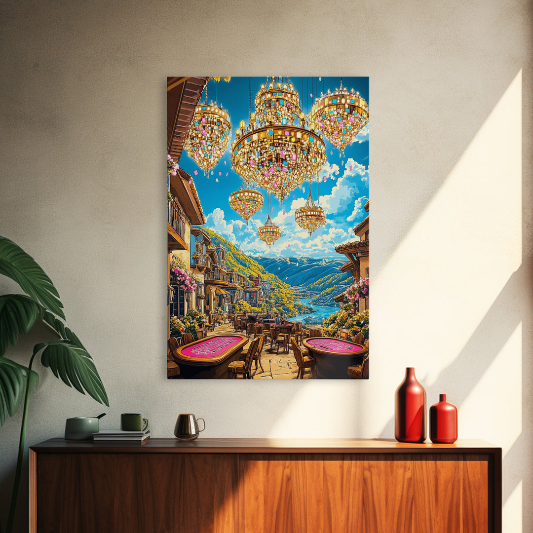 Jeweled Chandeliers Over Alpine Village Canvas Print, Whimsical Mountain Wall Art, Maximalist Luxury Home Decor, Statement Artwork
