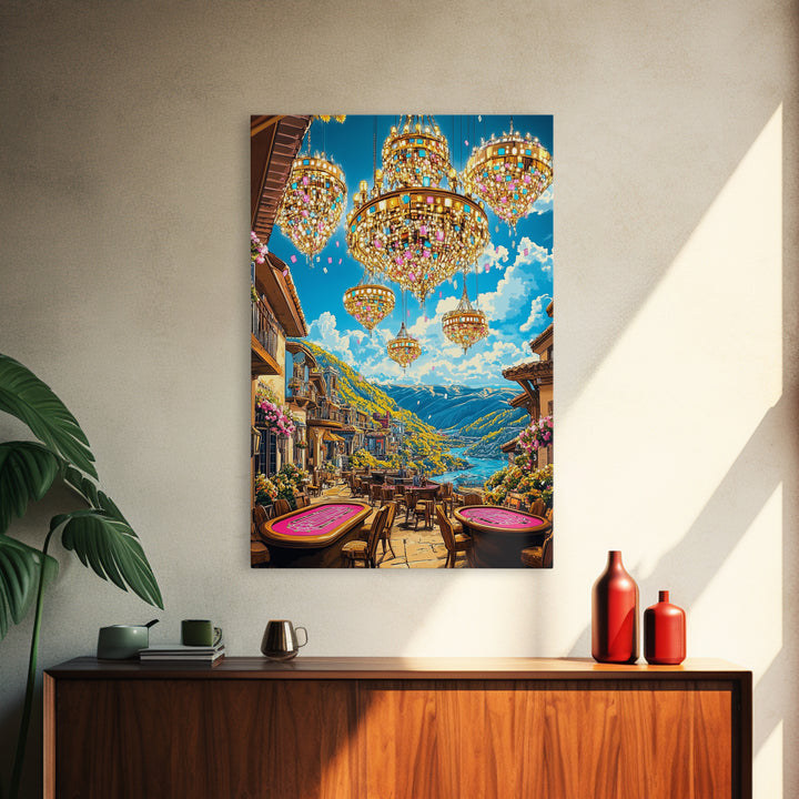 Jeweled Chandeliers Over Alpine Village Canvas Print, Whimsical Mountain Wall Art, Maximalist Luxury Home Decor, Statement Artwork
