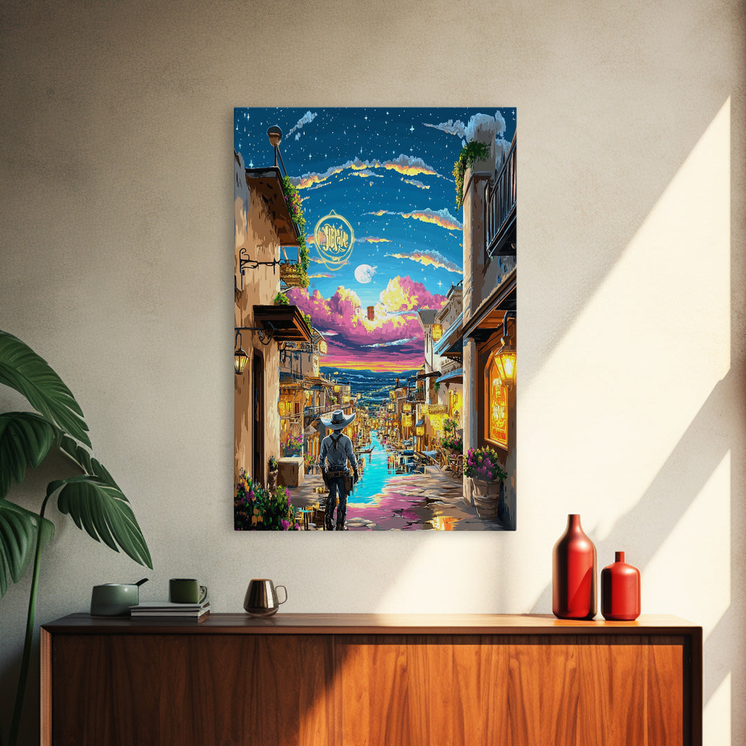 Moonlit Cowboy Canal Street Canvas Print, Western Wall Art, Neon Cityscape, Whimsical Travel Poster, Gift For Him, Living Room Decor