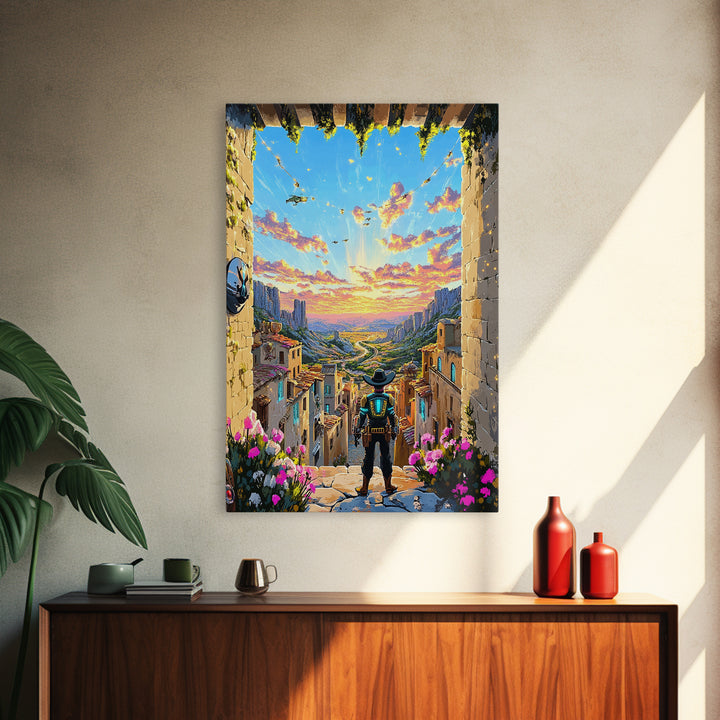 Robot Cowboy Canyon Gateway Canvas Print, Western Sci Fi Wall Art, Desert Landscape, Futuristic Home Office Decor, Gift For Him