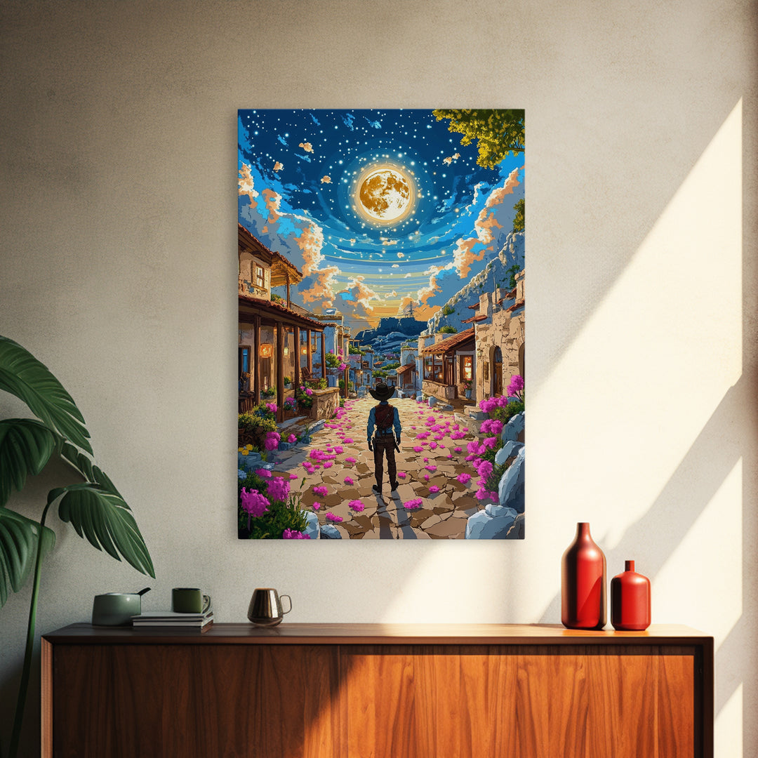 Golden Full Moon Village Path Canvas Print, Celestial Wall Art, Mediterranean Night Sky, Whimsical Bedroom Decor, Moon Art Print