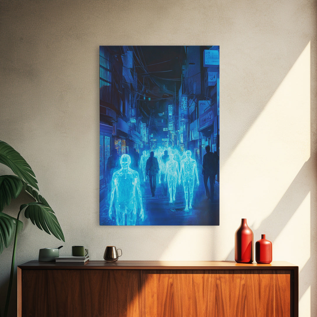 Blue Hologram Figures In Cyberpunk Alley Framed Canvas Print, Neon Wall Art, Sci Fi Cityscape, Gaming Room Decor, Futuristic Decor