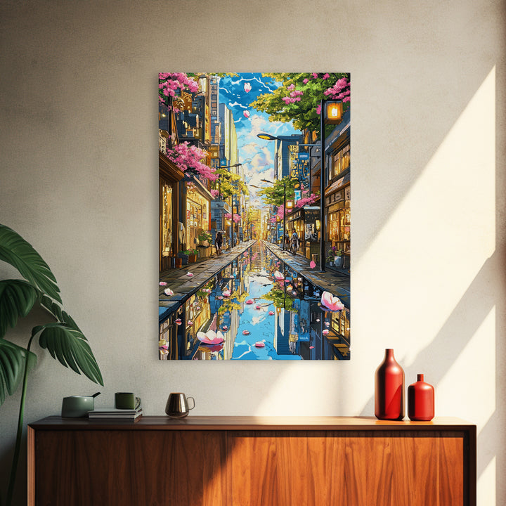 Cherry Blossom Rainy Tokyo Street Canvas Print, Japanese Wall Art, Urban Cityscape, Spring Gallery Wall Decor, Living Room Decor