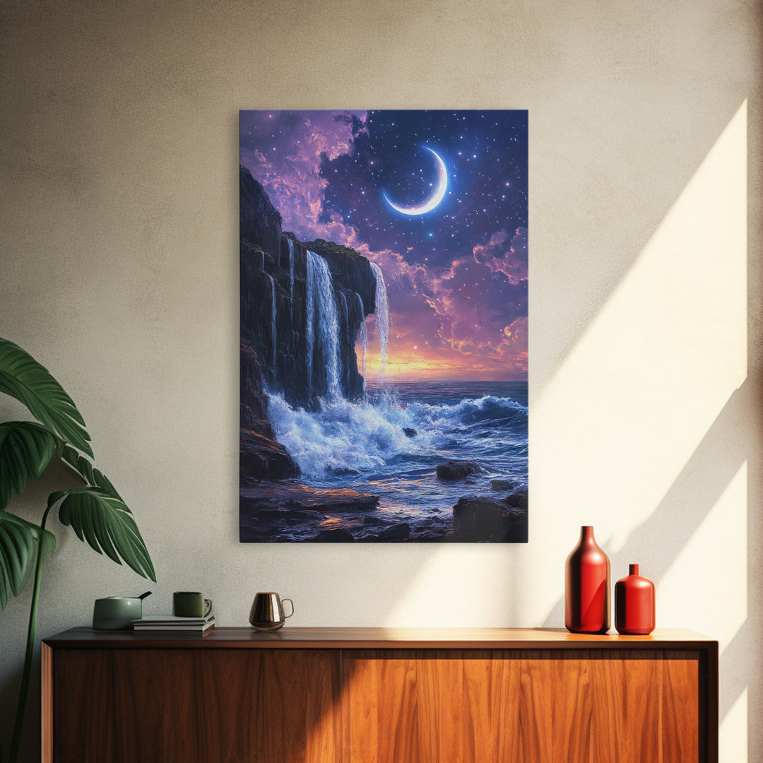 Crescent Moon Waterfall Ocean Canvas Print, Celestial Wall Art, Fantasy Seascape, Coastal Bedroom Decor, Starry Night Sky, Gift For Her
