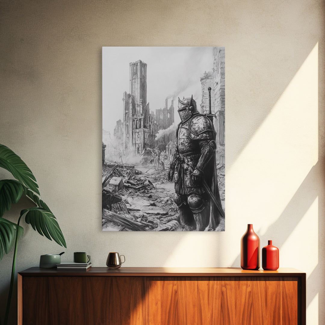 Black And White Armored Knight In Ruined Gothic City Wall Art, Dark Fantasy Medieval Warrior Print For Office Decor