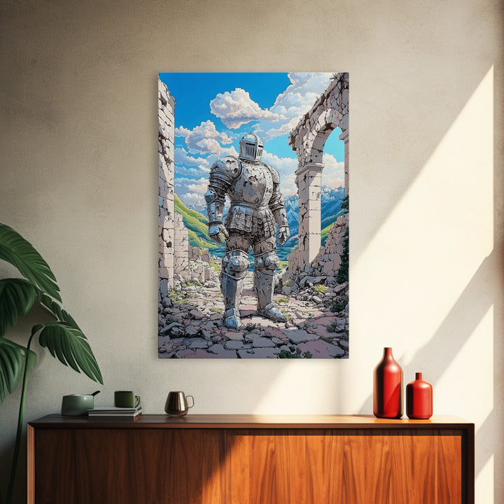 Polished Silver Knight In Alpine Ruins Canvas Print, Fantasy Warrior Mountain Landscape Art For Game Room Decor Gift For Him