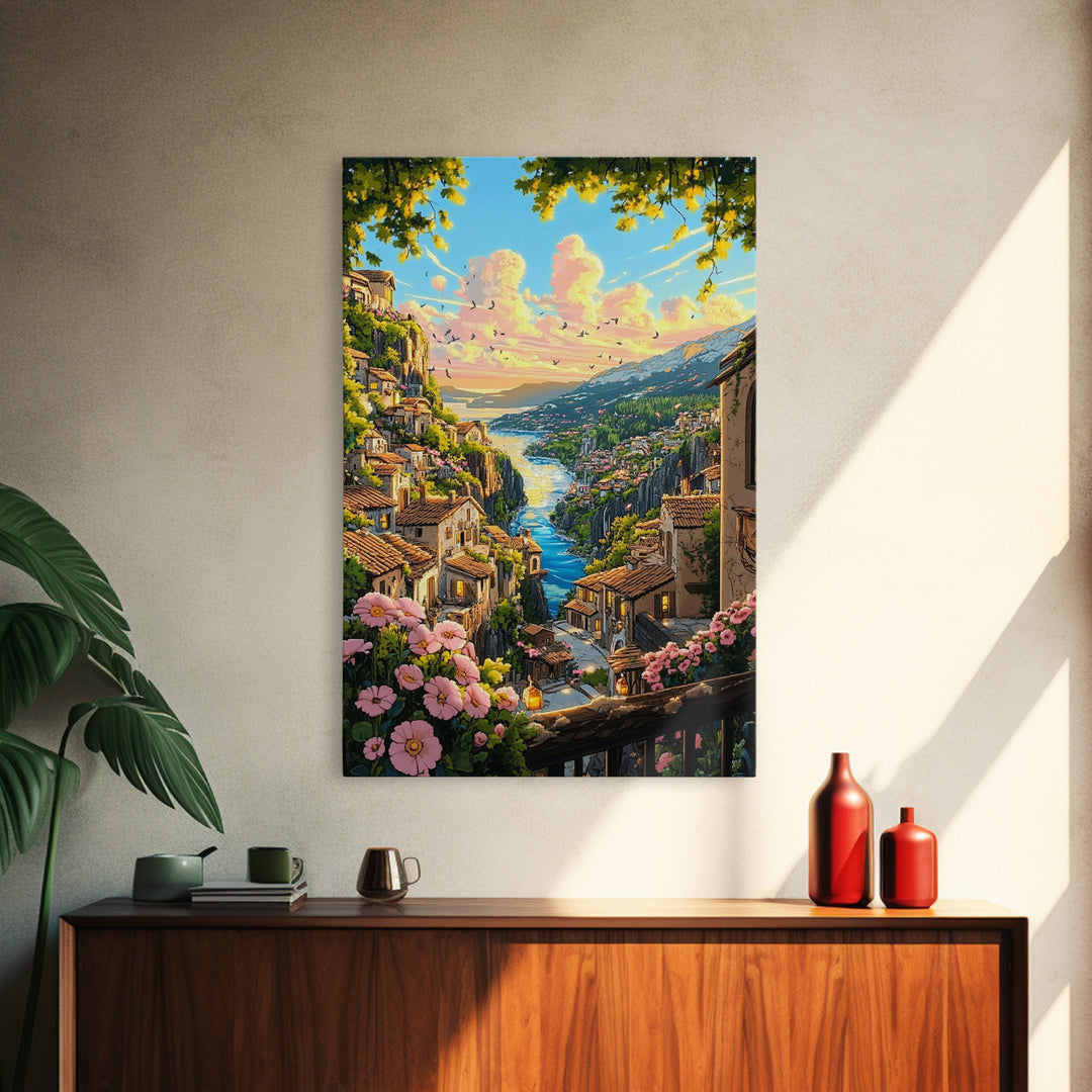 Sunlit Italian Cliff Village With River And Flowers Framed Canvas Print, Mediterranean Landscape Wall Decor Gift For Her