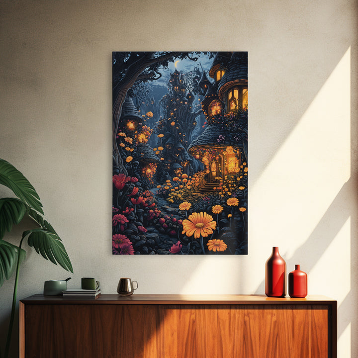 Dark Enchanted Forest Village With Glowing Flower Windows Wall Art, Gothic Fairy Tale Fantasy Canvas Print For Moody Decor