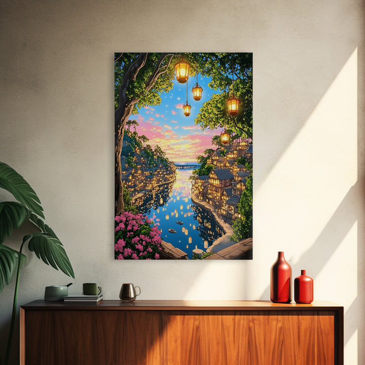 Lantern Lit Sunset Harbor Village Wall Art, Romantic Coastal Landscape Canvas Print For Living Room Decor And Housewarming Gift