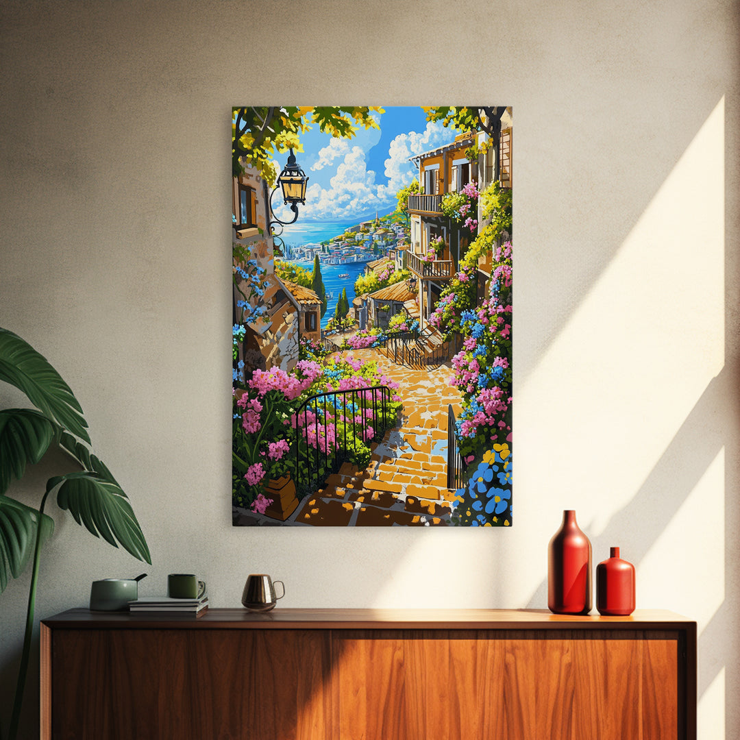 Mediterranean Coastal Stairway With Bougainvillea Canvas Print, Travel Poster Wall Art, Colorful Living Room Decor Housewarming Gift