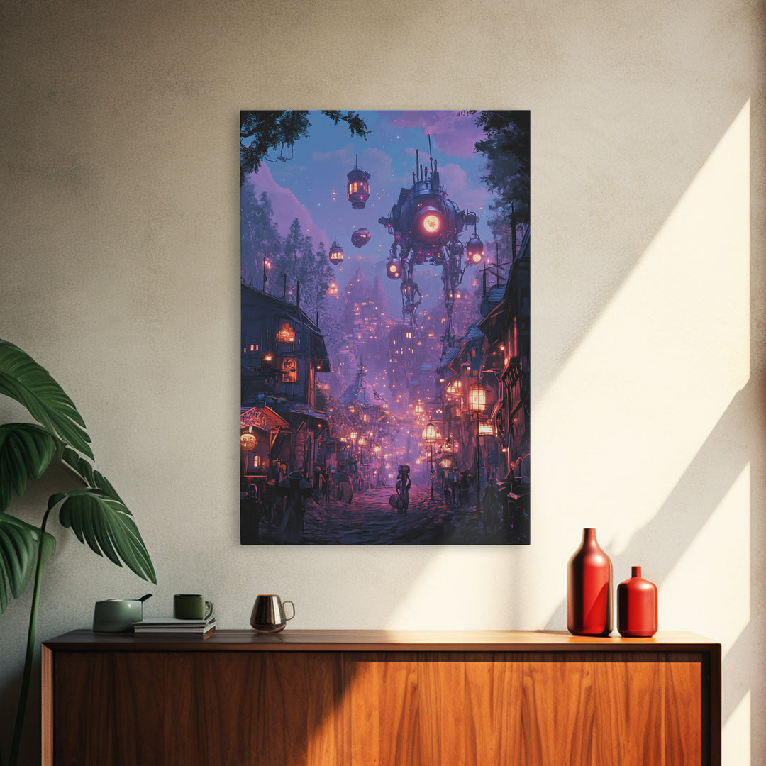 Purple Cyberpunk Village With Floating Machines Canvas Print, Sci Fi Wall Art, Futuristic Gaming Room Decor Gift For Him