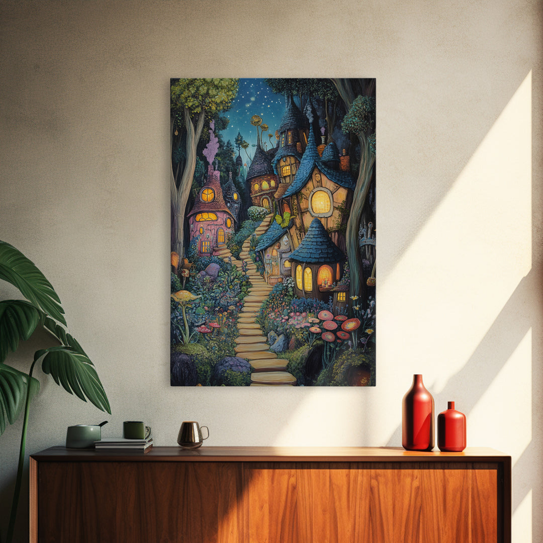 Whimsical Mushroom Fairy Village At Starlit Night Canvas Print, Fairy Tale Wall Art, Nursery Decor Housewarming Gift For Her