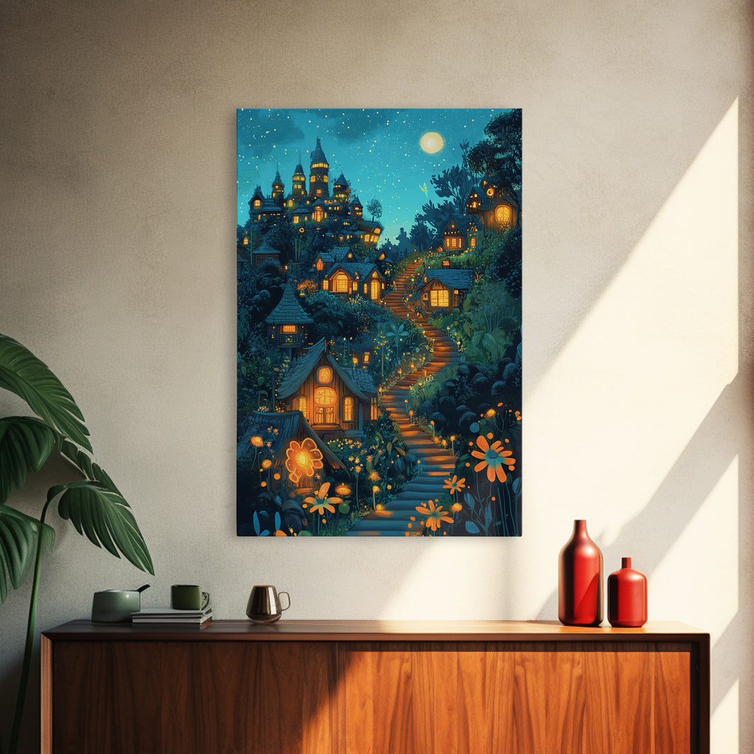 Moonlit Enchanted Village Wall Art, Whimsical Fairy Tale Castle, Fantasy Art Print, Nursery Decor, Cozy Bedroom Wall Decor