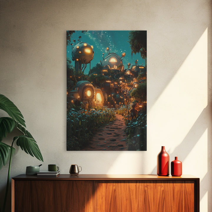 Glowing Futuristic Forest Village Canvas Print, Sci Fi Wall Art, Cyberpunk Decor, Unique Fantasy Landscape, Gaming Room Decor
